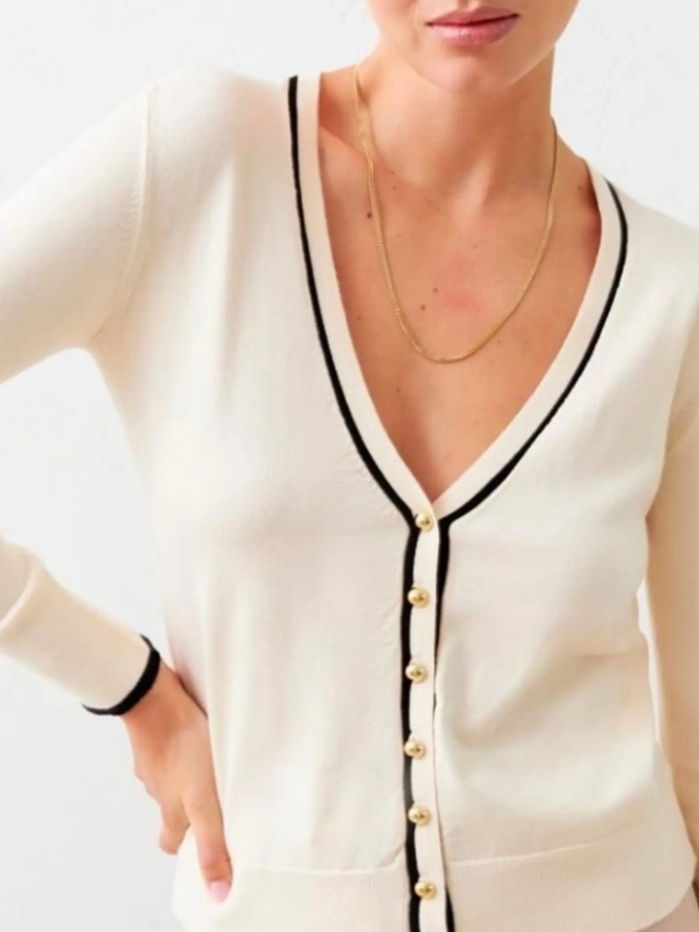 Zara Cream V-Neck Cardigan with Black Trim and Gold Buttons